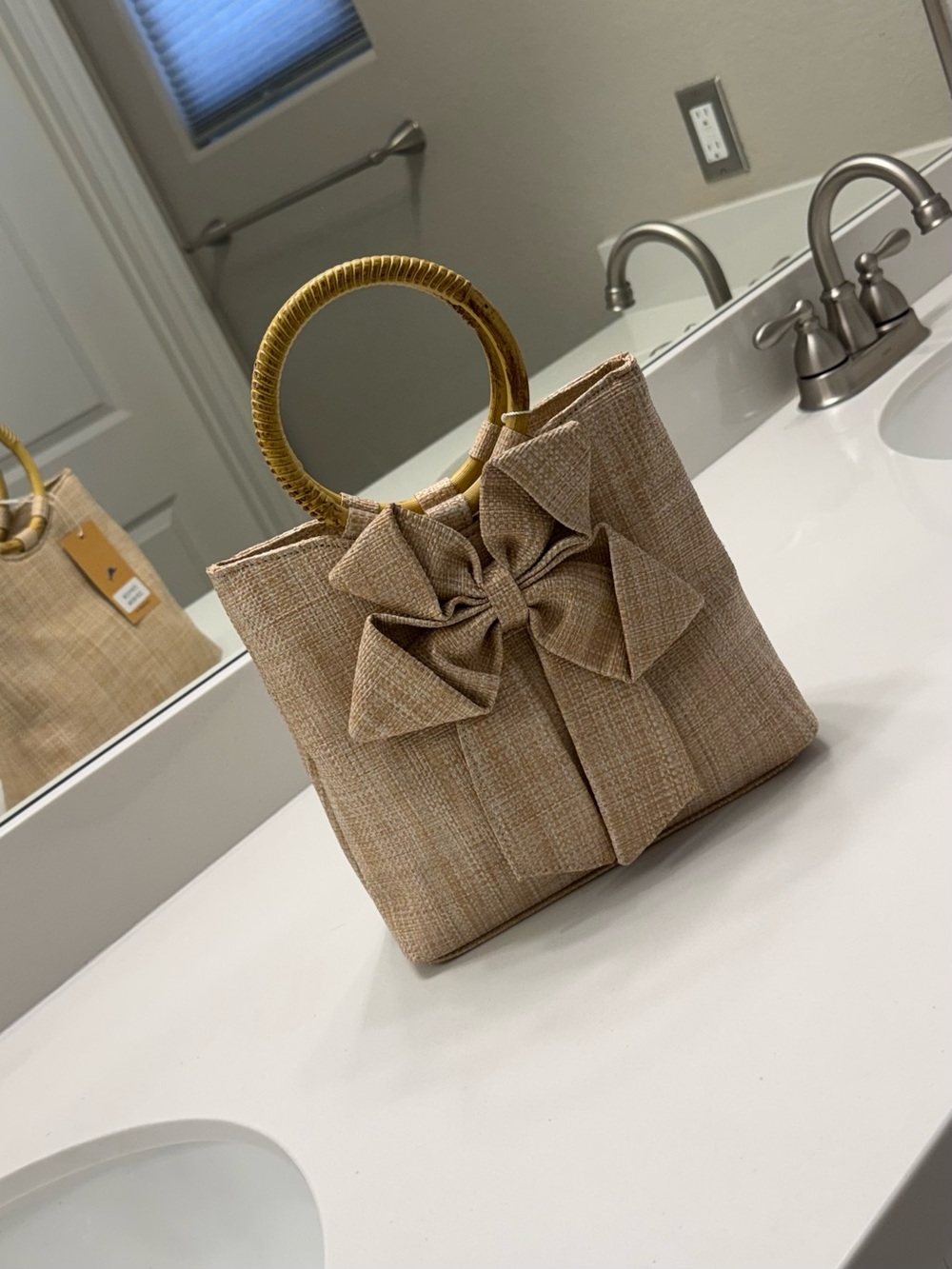 Tommy Bahama Beige Mini Tote with Bow and Bamboo Handles - Picture 11 of 12